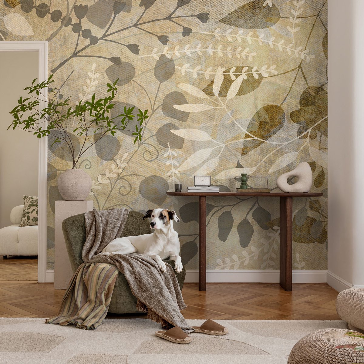 Coloray Vliesbehang - Beige Snellijm Behang - 104x70 cm - Takbladeren Fotobehang Vlies - Woonkamer behang Bloemen En Planten - Muurschildering - Woonkamer behang