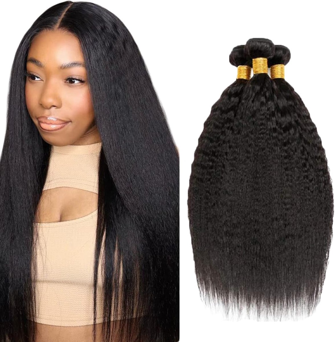 30 32 34 Inch Bundles Human Hair Extension Yaki Straight menselijk haar Bundles Unprocessed Brazilian Virgin Hair 1B Natural Black Minimal detachment For Women 3 Bundles Total 150g