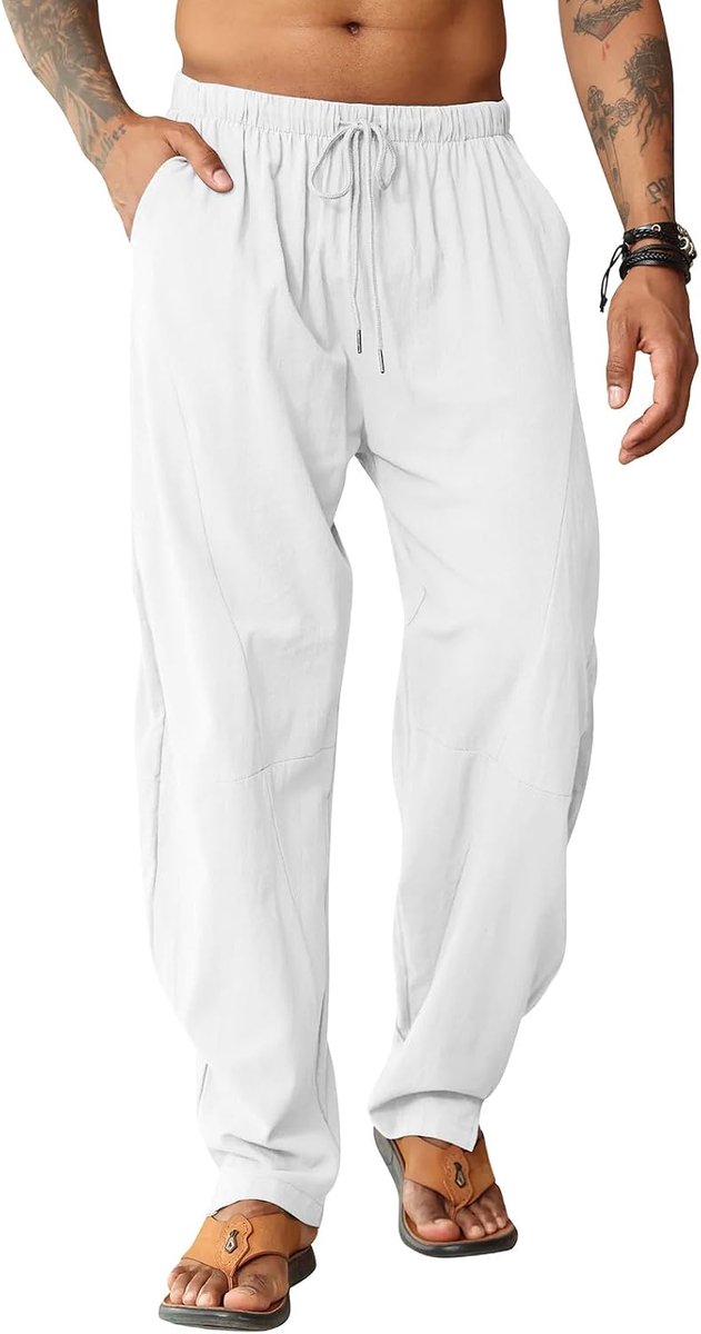 Hippy Harem Herenbroek, linnen strandbroek, elastische broek, katoen, zomer, lange broek, Wit, M : Amazon.nl: Kleding, schoenen & sieraden