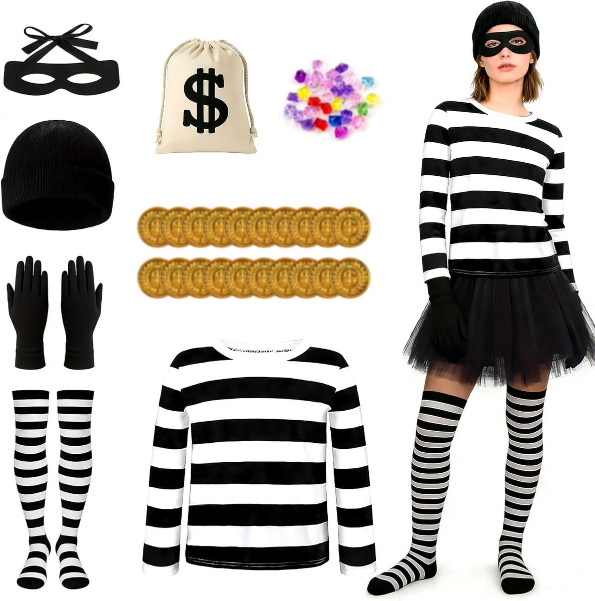 Kostuum voor dames, roverskostuum voor vrouwen, met T-shirt, gebreide muts, oogmasker, handschoenen, portemonnee en kniekousen, carnavalskostuums voor dames, dief kostuum voor carnaval