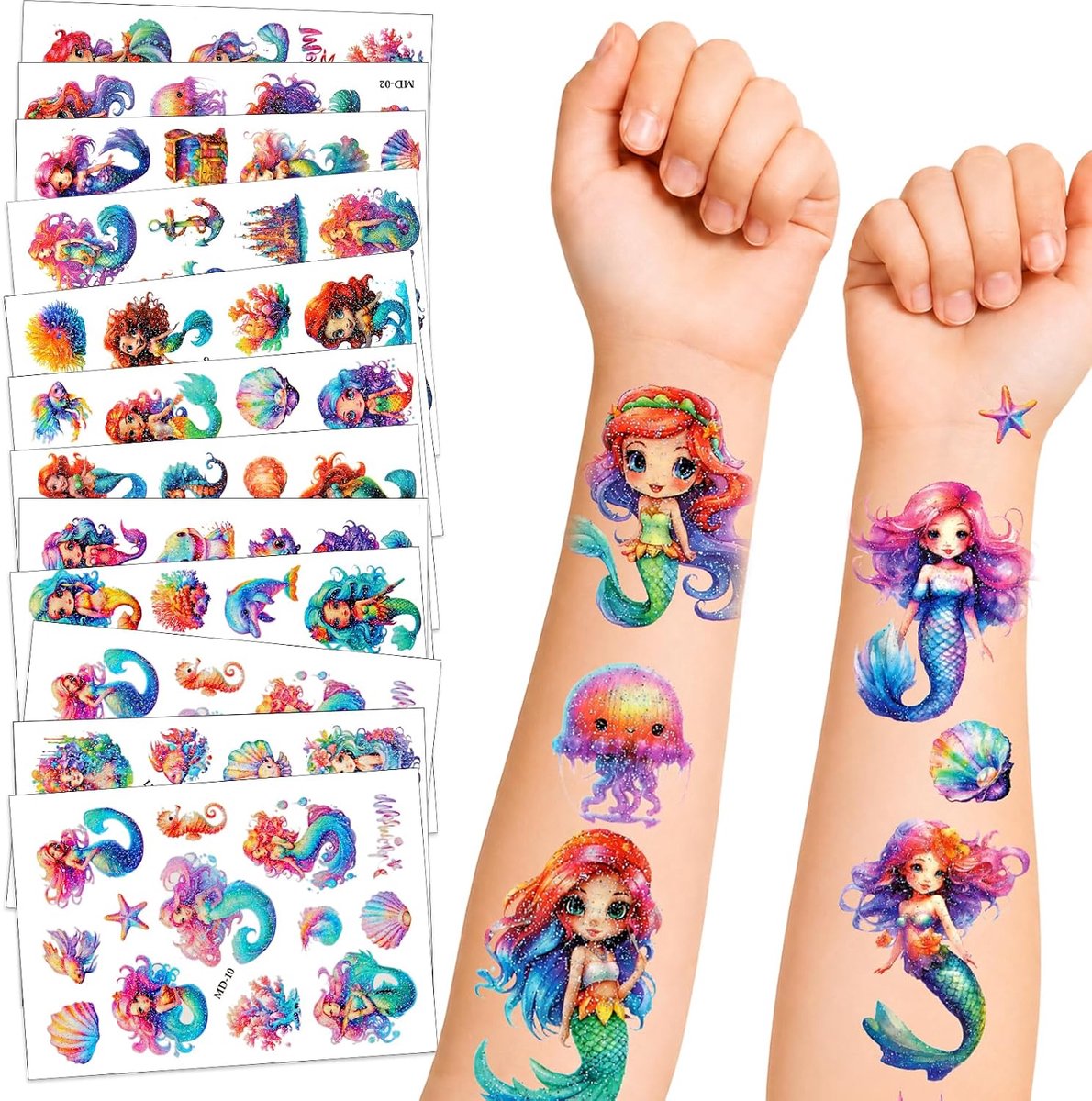 Glittertatoeages voor kinderen, 12 vellen zeemeermin-glittertatoeages, kinderset, meer dan 200 stijlen, kindertatoeages voor meisjes en jongens, tatoeages, glittergeluk, spel voor verjaardag