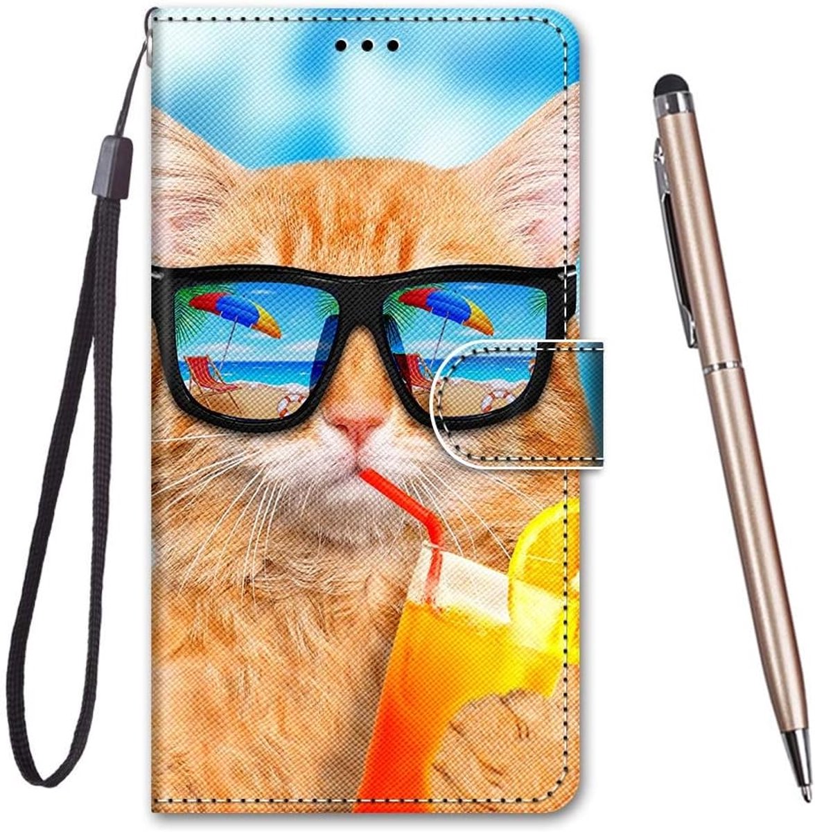 Beschermhoes voor iPhone 14 Pro Max (6,7 Inch), PU-lederen hoes met magneet kleurrijk design flip portemonnee [creatief geschilderd] beschermhoes voor iPhone 14 Pro Max (drinkkat)