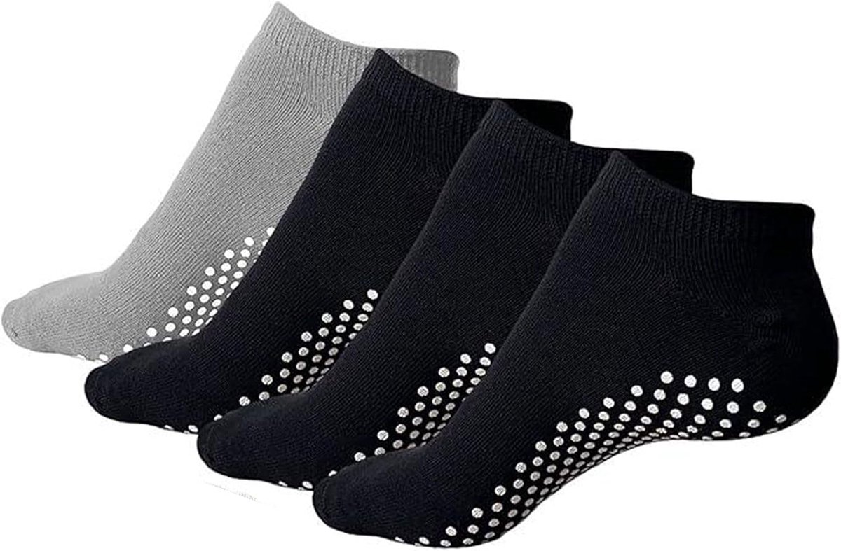 Sokken voor dames en heren, antislipsokken, voor pilates, yoga, barre, dans, ballet, trampoline, fitness, ziekenhuis, revalidatie, 3 paar zwart + 1 paar grijs, One size