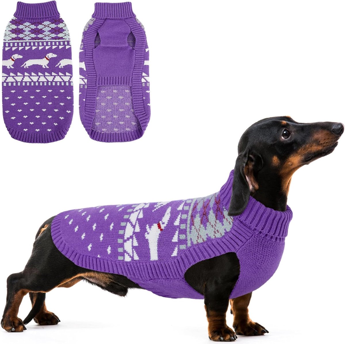 Hondentrui voor teckel, warme winterkleding, zachte gebreide hondentrui, winterhondenvest, ademende sweater voor honden met rolkraag, rekbare hondentrui voor teckel, paars, L