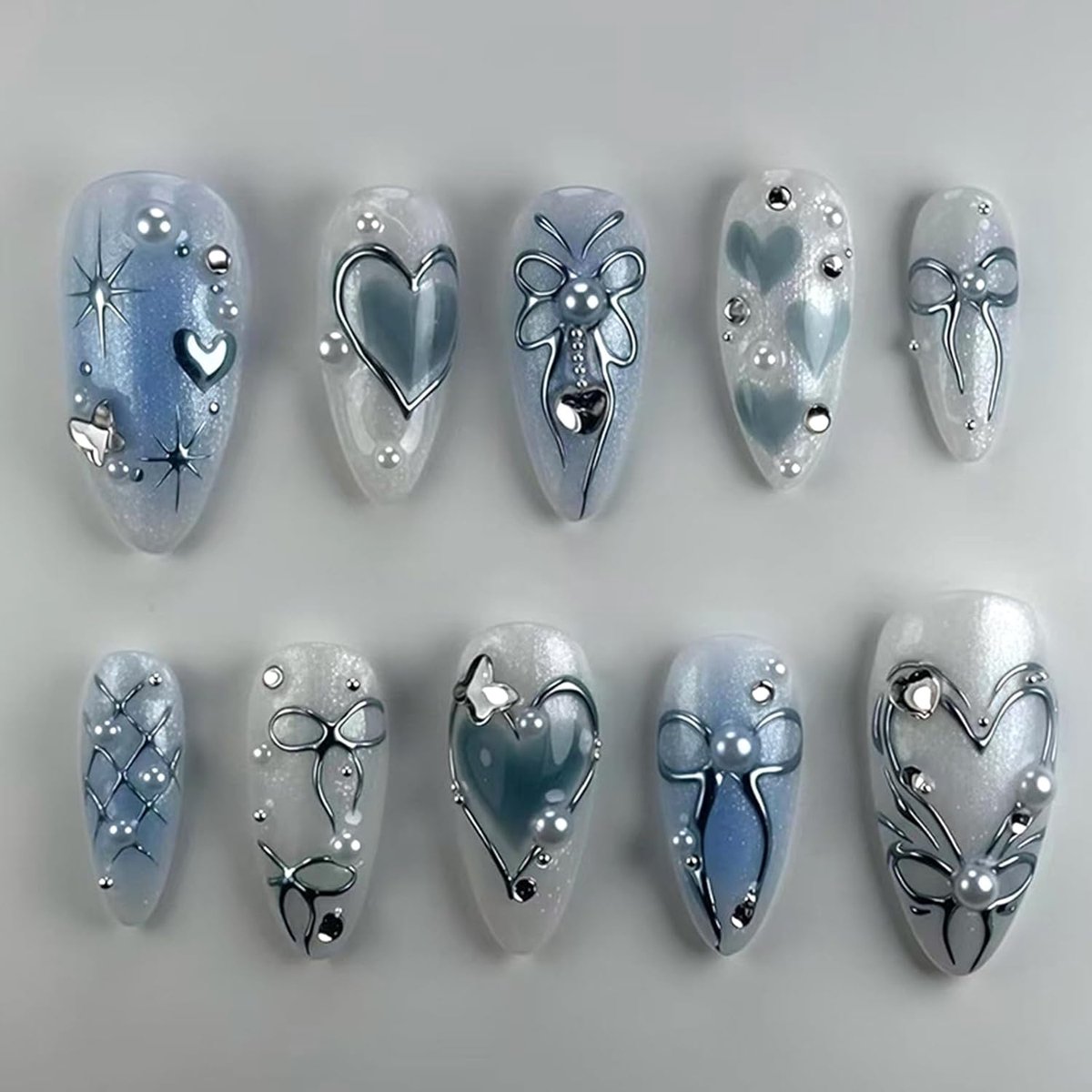 Set van 24 nagels om op te plakken, medium amandel, blauw, French Press on nagels, 3D strass, parels, ster, acryl, kunstnagels om op te plakken, glanzende volledige dekking, voor vrouwen en