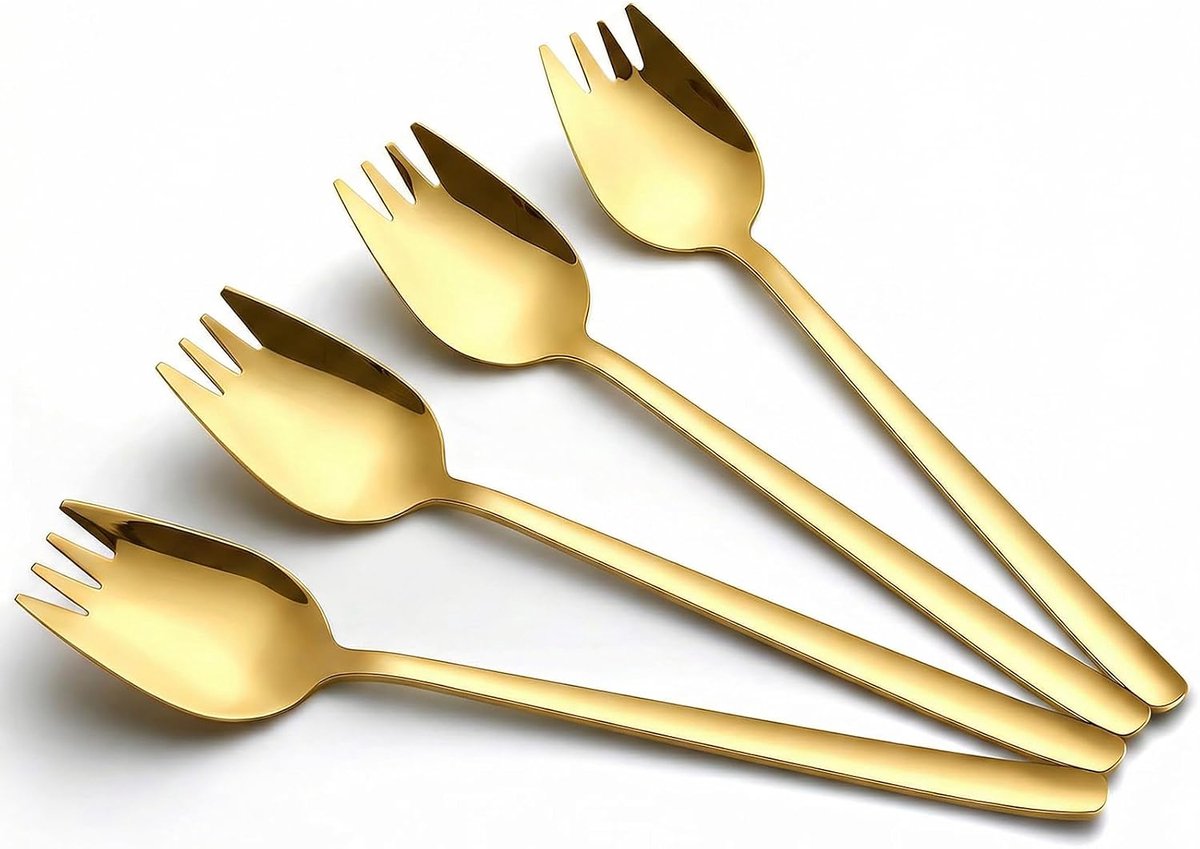 4 stuks roestvrijstalen sporks, lang 19 cm slalepel, fruitdessert, gebakken rijstnoedelvorken, multifunctionele lepel en vork voor camping thuis of op reis (goud)