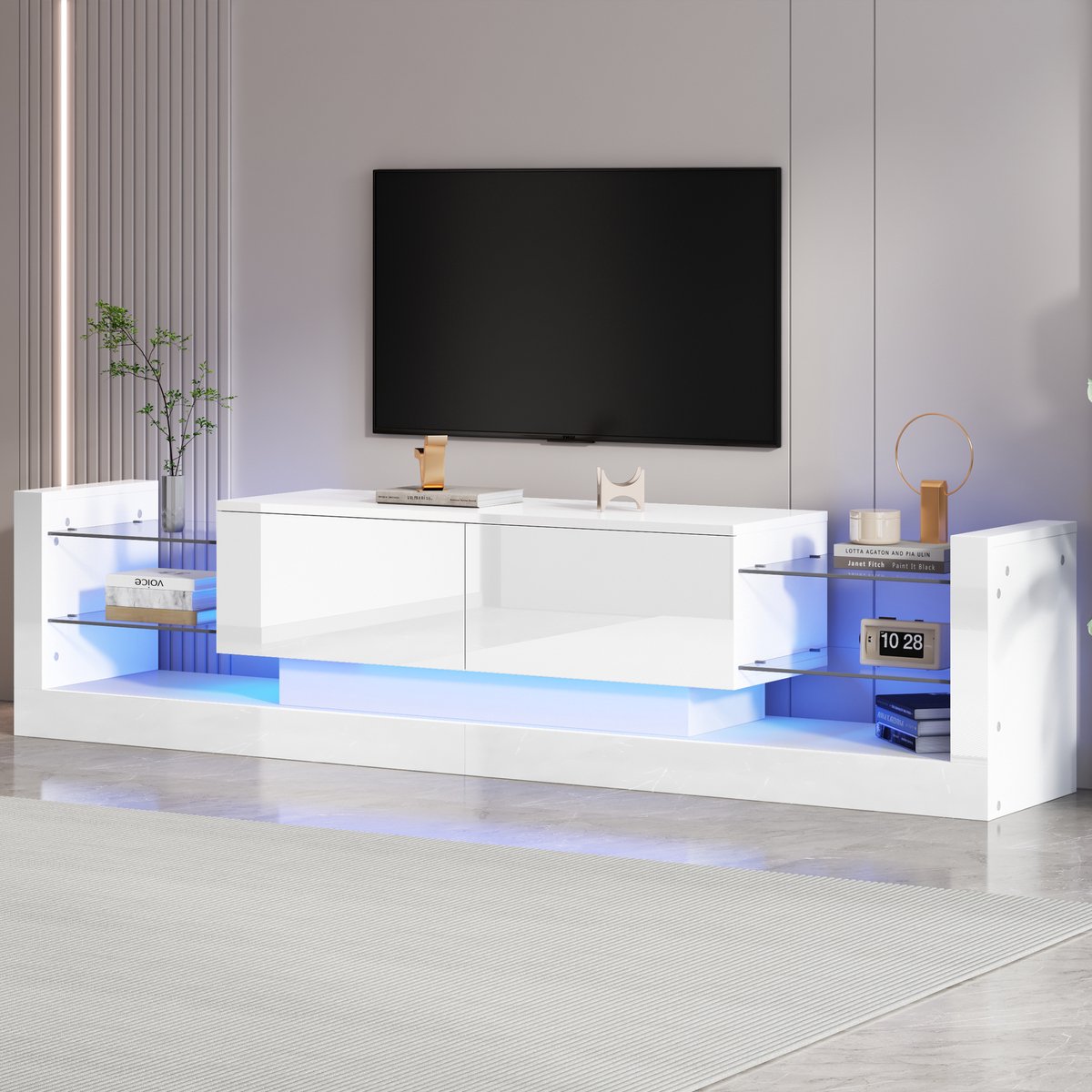 Hoogglans tv meubel met LED-verlichting en glazen front - Voor woonkamer en home cinema - 181 cm breed - Wit - Twee uitklapbare lades - Geschikt voor 80 inch tv