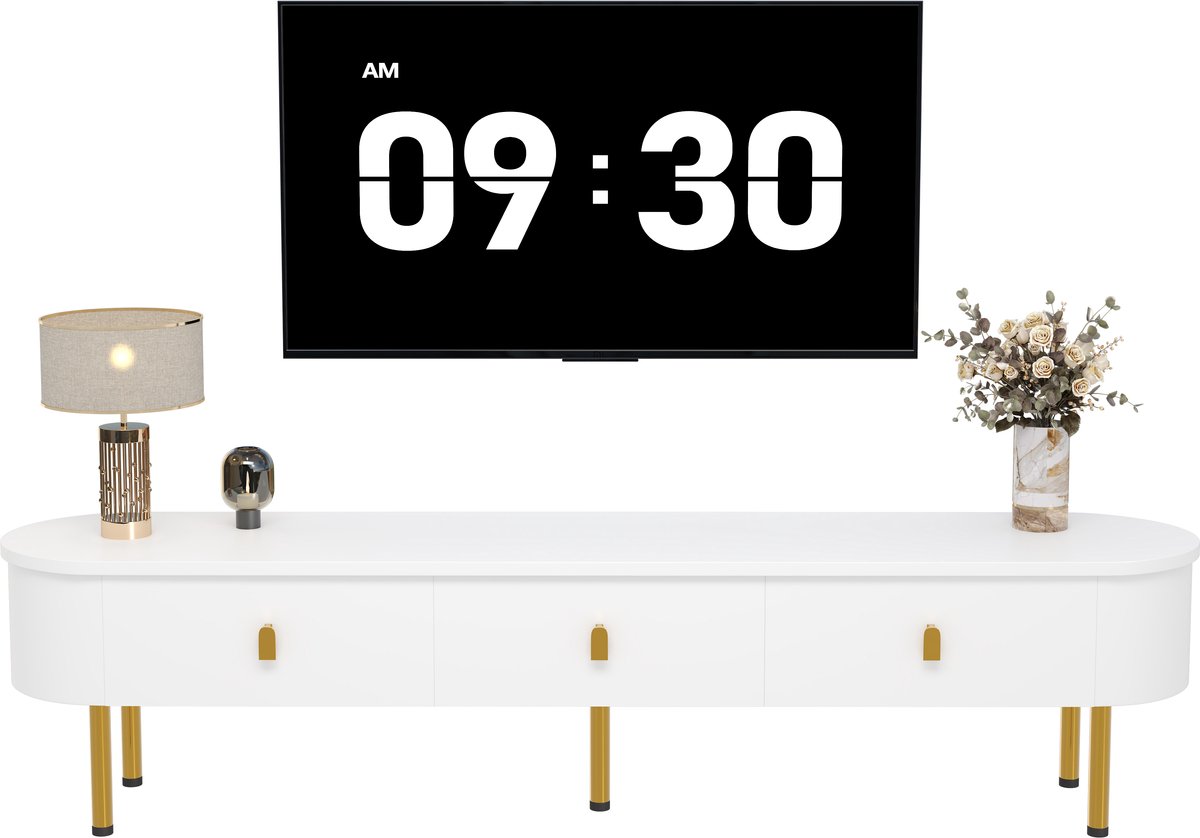 tv meubel met 3 lades en afgeronde hoeken - Voor woonkamer - 174 cm breed - Wit en goud - Gouden grepen en poten - Glanzend gelakt MDF