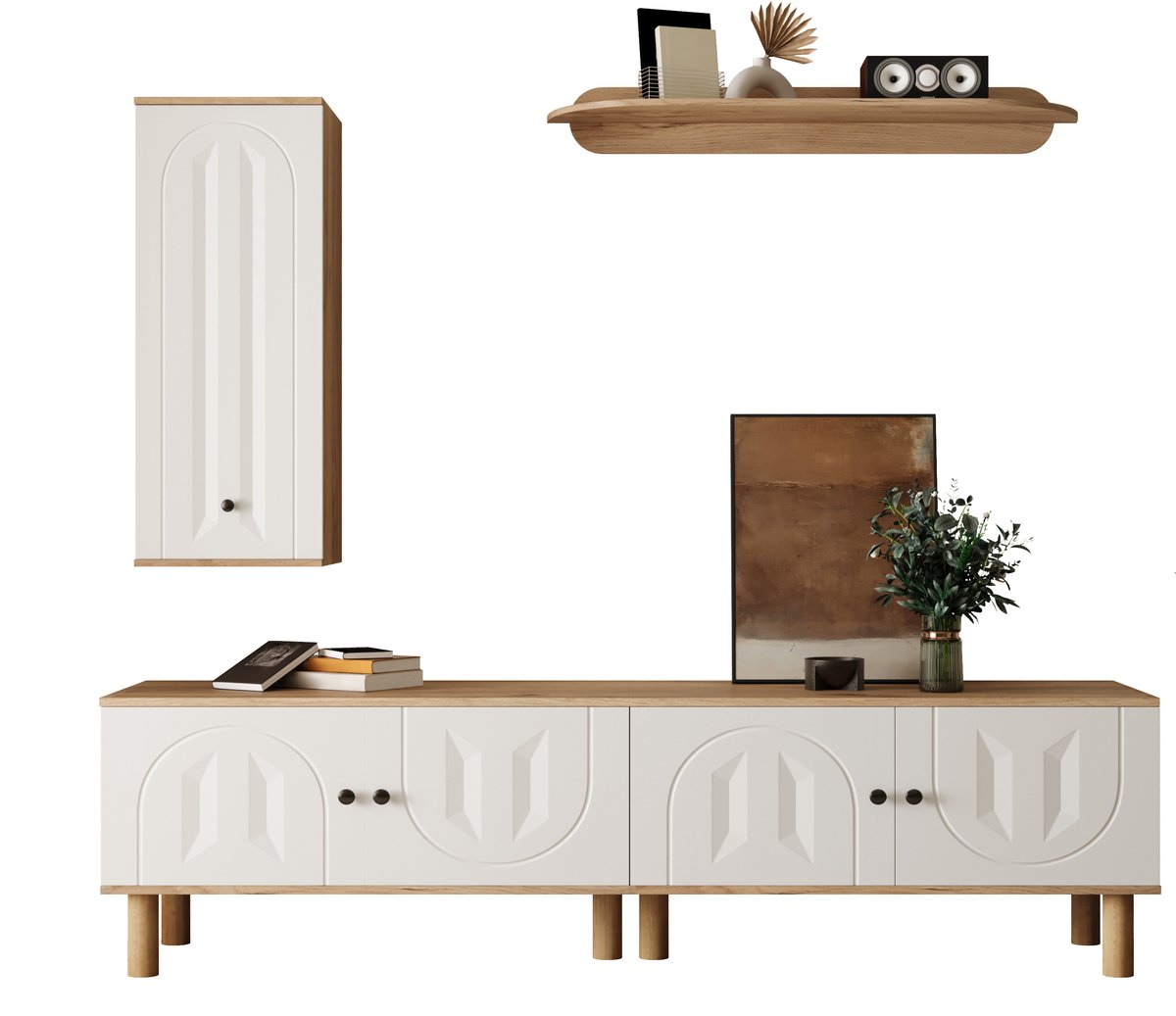 TV-wandmeubel 3-delig 170 cm tv meubel - Wit-Hout met gesneden deurpanelen - Open en gesloten kasten - Massief houten poten - Draagkracht tot 80 kg - Inclusief highboard en wandplank