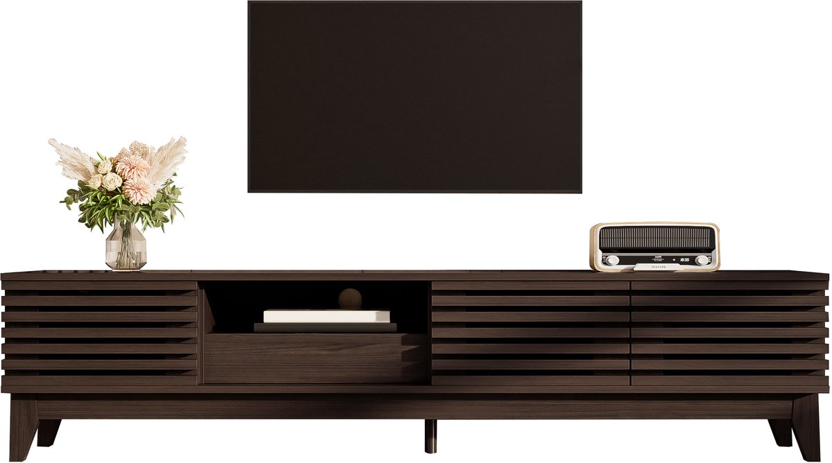 tv meubel Vintage Hout 170x35x40 cm - 1 lade en 3 deuren - Lamellenfront in retro stijl - Open legvlakken en kabeldoorvoer - Geschikt voor tv tot 65 inch - Draagvermogen 55 kg