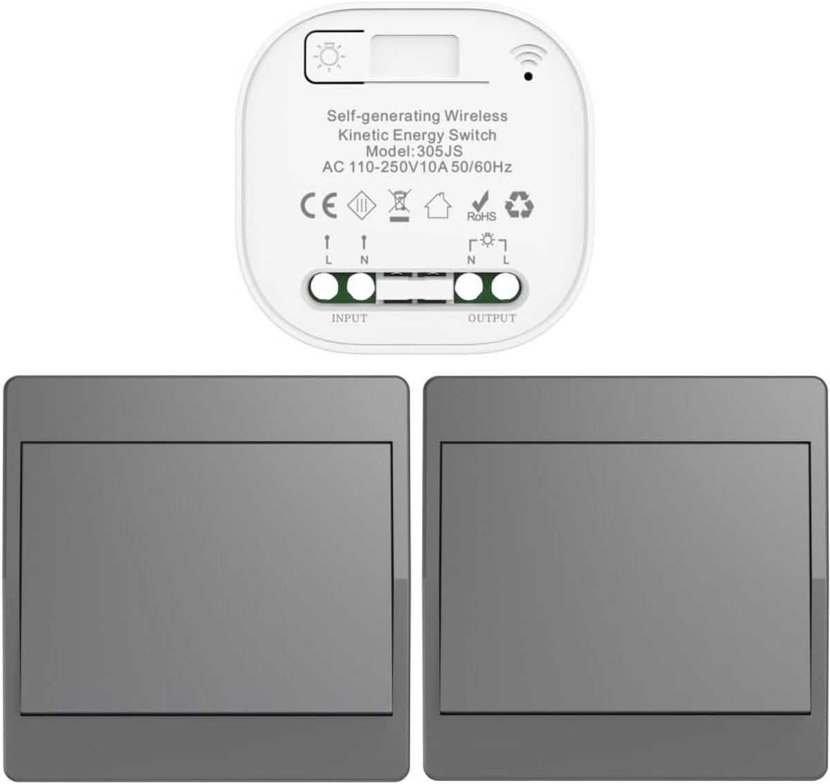 Grijs Zelfvoorzienende draadloze kinetische schakelaarset, afstandsbediende lichtschakelaars RF, kinetische draadloze schakelaar zonder batterij, draadloze radioschakelaars (Grijs 1Gang 2V1 EU)