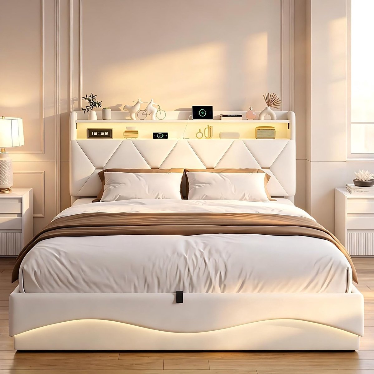 140 x 200 cm, met ledverlichting en USB, gevoerd tweepersoonsbed met opbergruimte, bedframe met lattenbodem en hoofdeinde, fluweel, beige (beige/6, 140 x 200 cm)