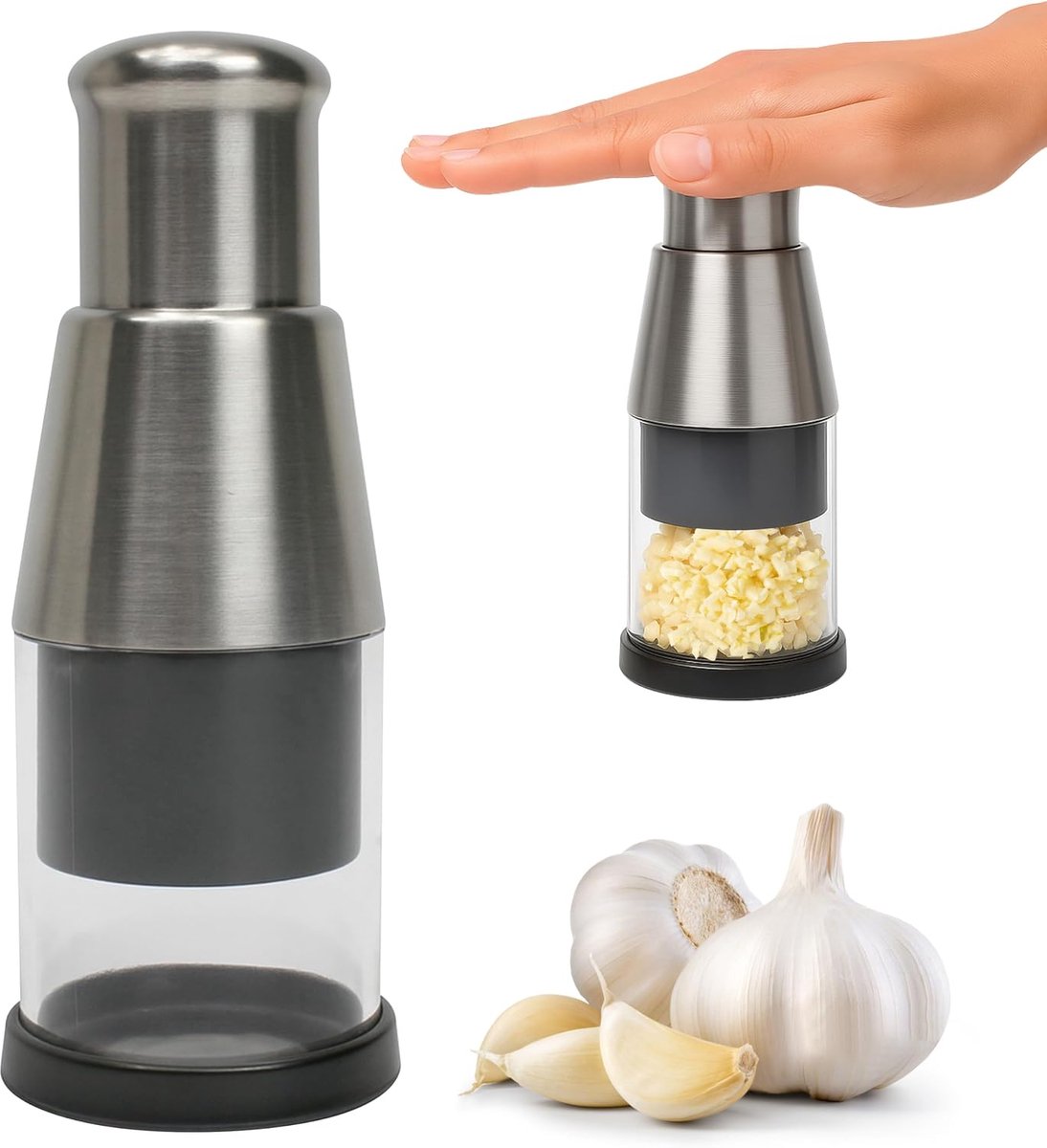 YAGXIG Knoflookpers - Handmatige hakmolen - Handmatige hogedrukhakker - Handmatige knoflookmolen - Roestvrij staal - Duurzaam - Geschikt voor keukeningrediënten, groenten, uien, enz. - Zilver