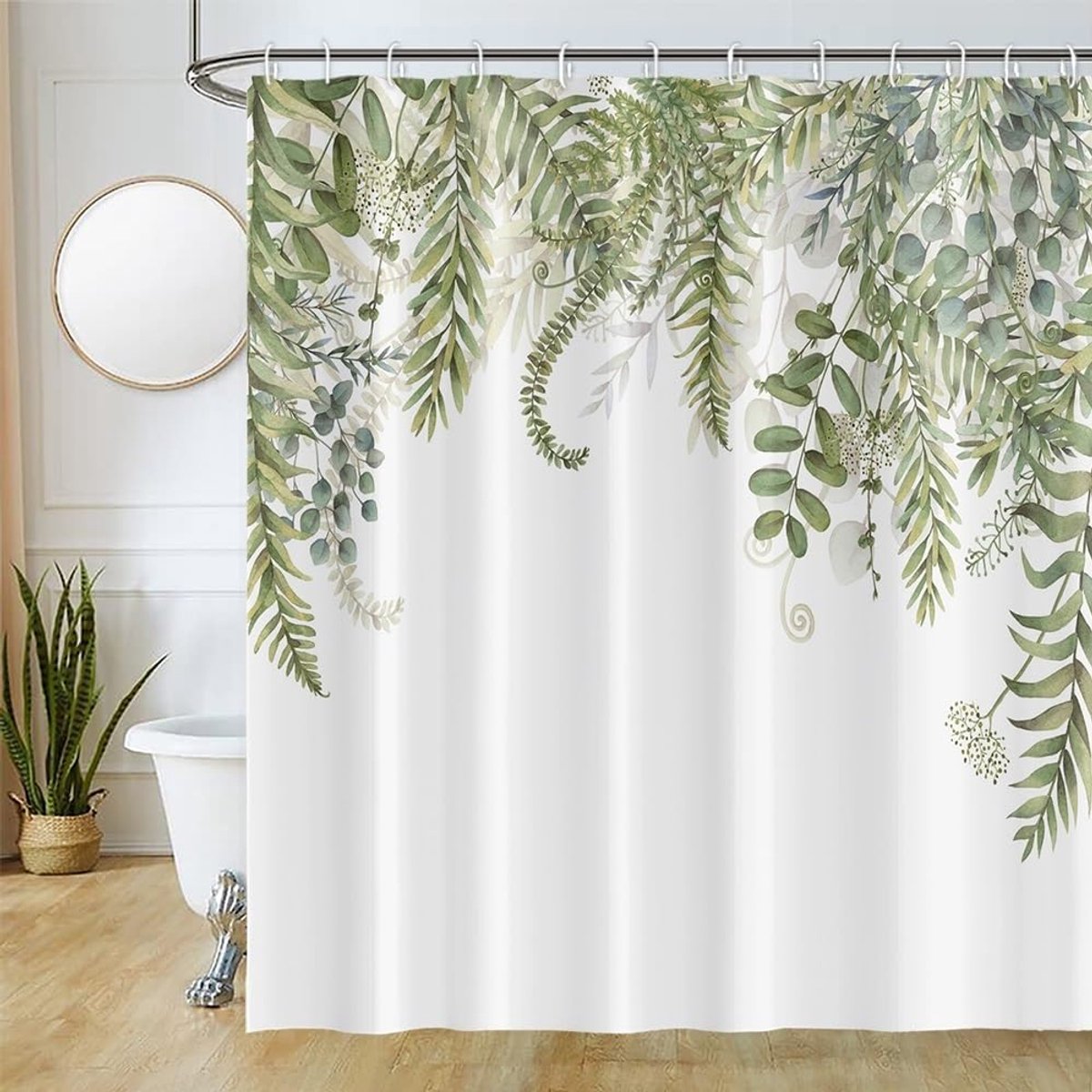 Douchegordijn eucalyptus, aquarel, groene bladeren, anti-schimmel, waterdicht, polyesterstof, wasbaar, ondoorzichtig, badgordijn met 12 haken voor badkamer, 180 x 180 cm (b x h)