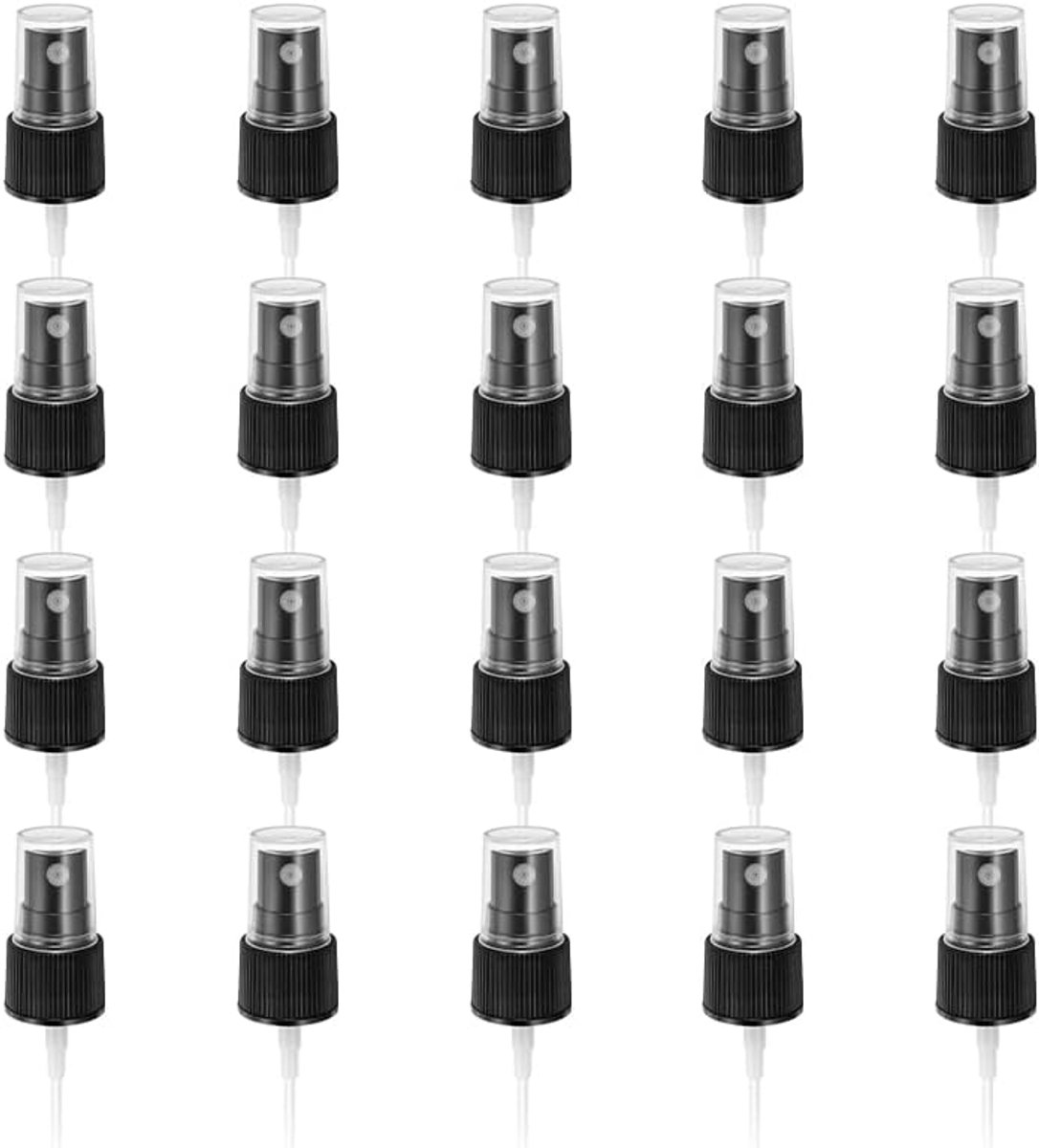 20 stuks zwarte fijne nevelsproeikoppen, kunststof sproeidop, 20/410 reserve flespomp voor etherische oliën, haar- en lichaamssprays