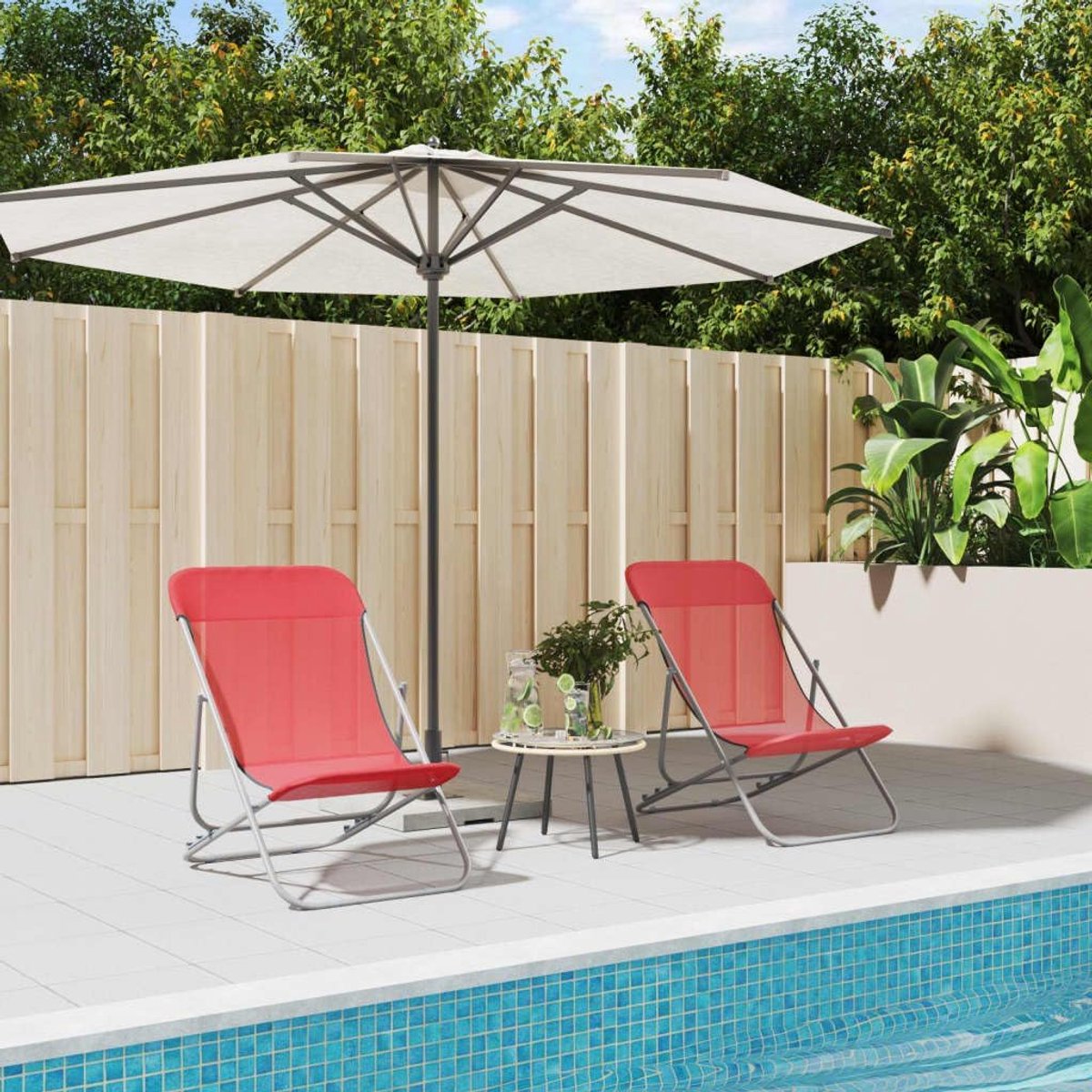 Strandstoelen, 2 stuks, rood textiel & gepoedercoat staal voor tuin en terras, verstelbare loungestoel met stabiel frame, uv-bestendig en duurzaam