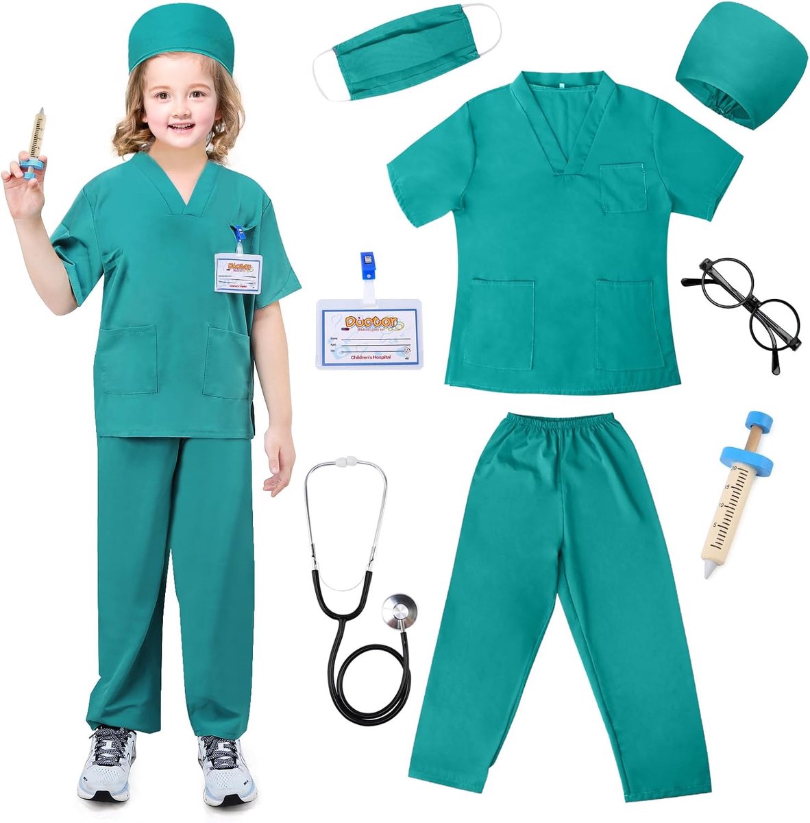 Dokterskostuum voor kinderen, 8-delig, doktersspeelgoed, met realistische stethoscoop, accessoires, tandarts, kostuum, set, geschikt voor meisjes en jongens, 3 jaar