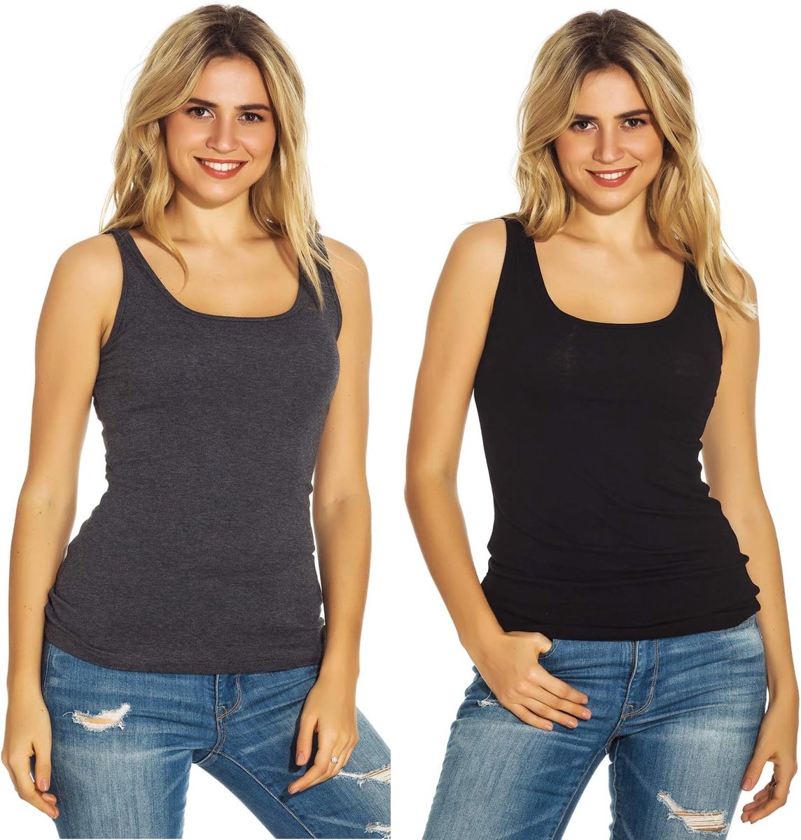 Fijngeribbeld zacht stretchvest-tanktopje voor dames, set van 2