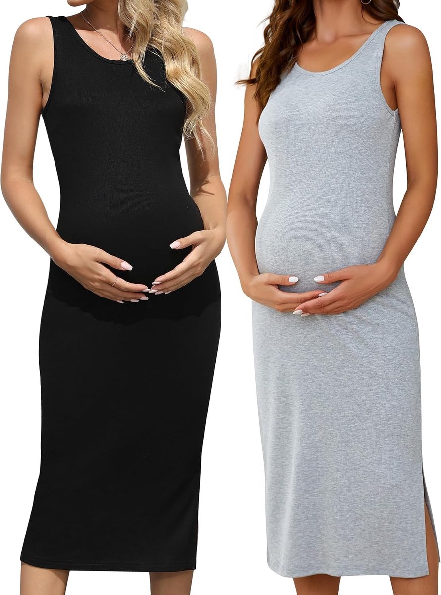 2 Pack Zwangerschapstankjurk Mouwloze Bodycon Zwangerschap Jurken Casual Uitsparing Materniteit Jurk voor Zomer
