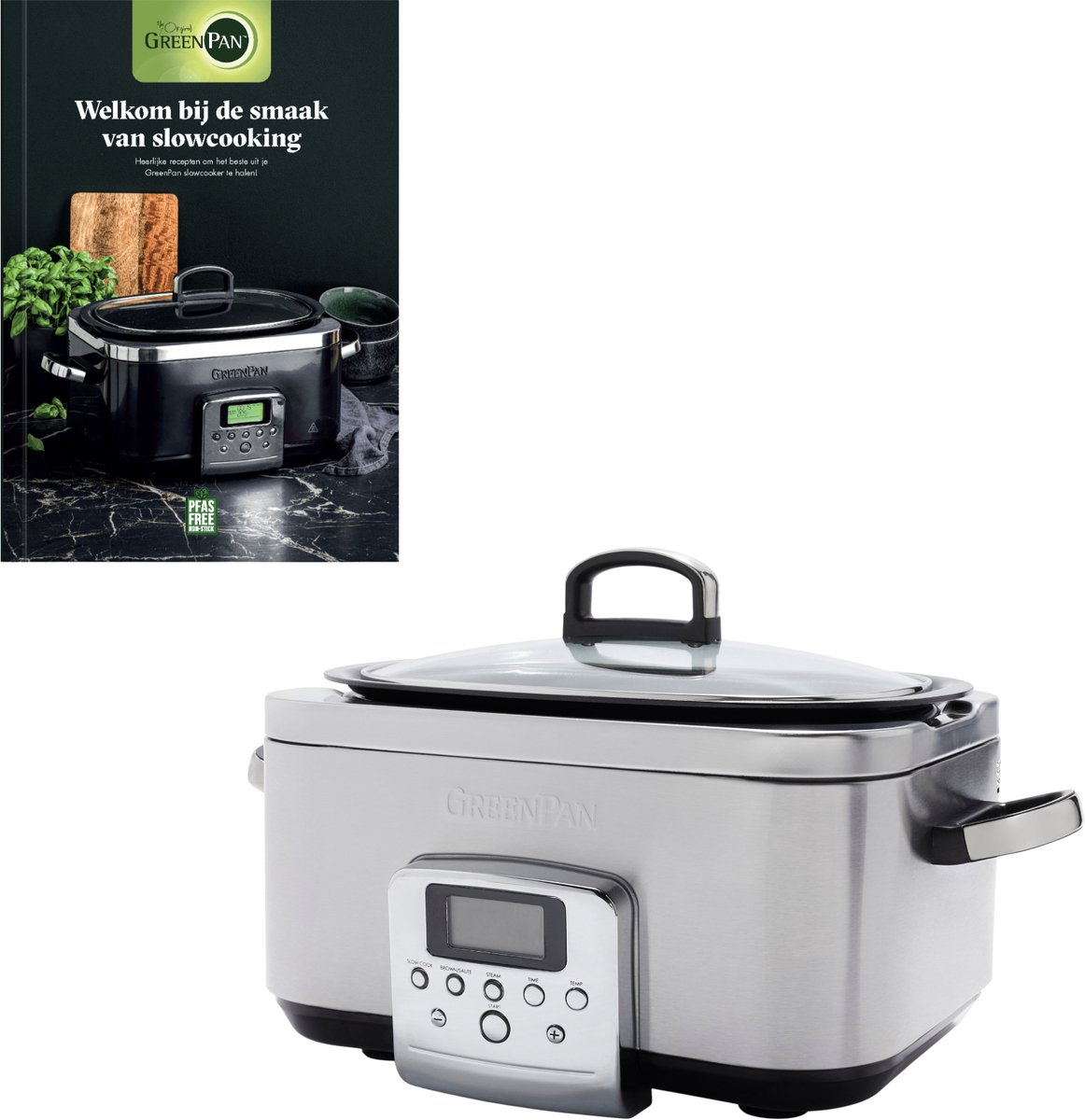 GreenPan Elite Slowcooker 6L - PFAS-vrije antikleeflaag - Leddisplay met kookprogramma's - Koudgreep - Vermogen: 1350 Watt - RVS Deksel - Met Receptenboek - Stainless Steel