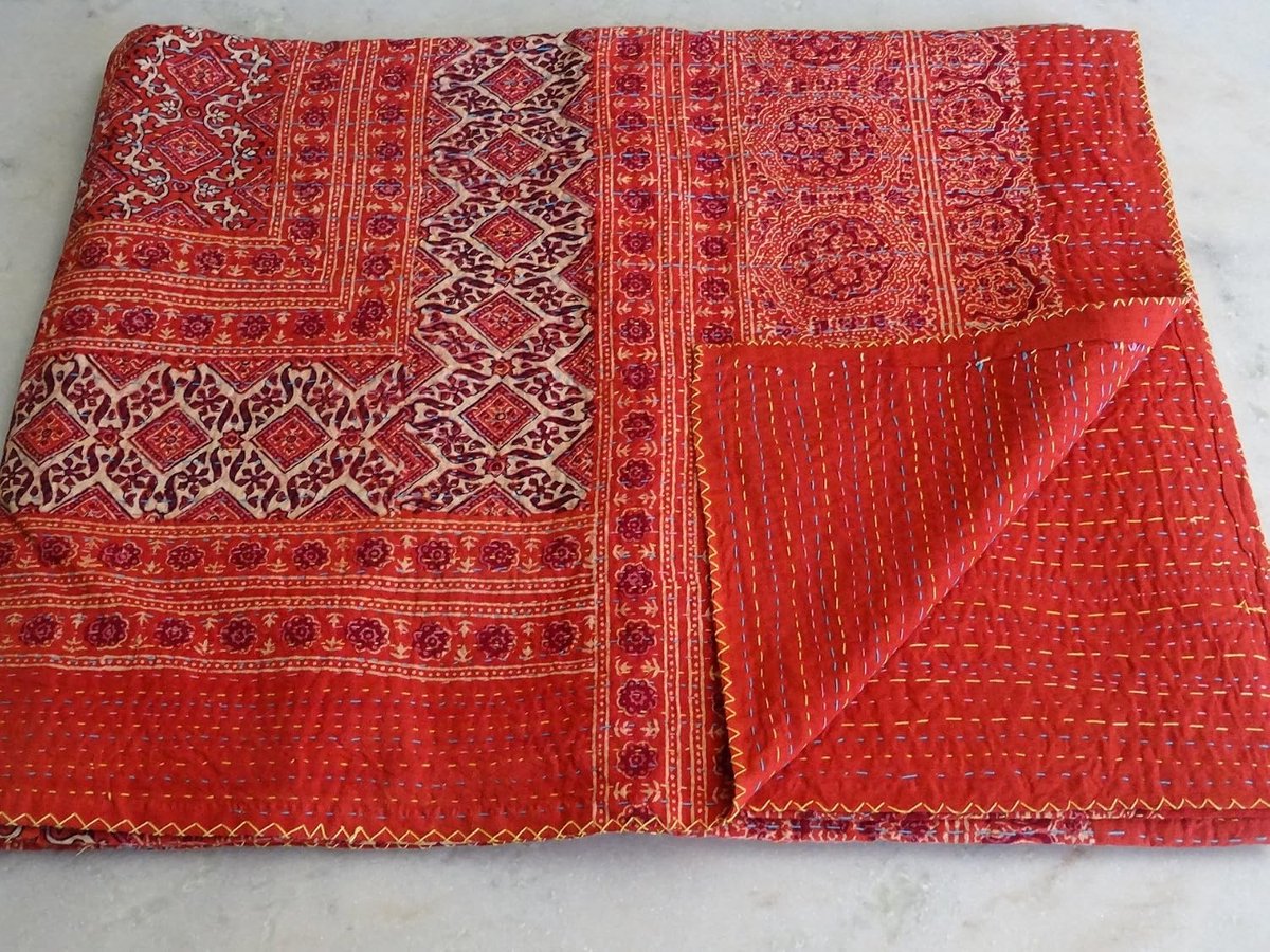 Aziatische Textiel Ajrakh Print Indische Kantha Quilt sprei sprei, Omkeerbare kantha, Kantha Bedden 13
