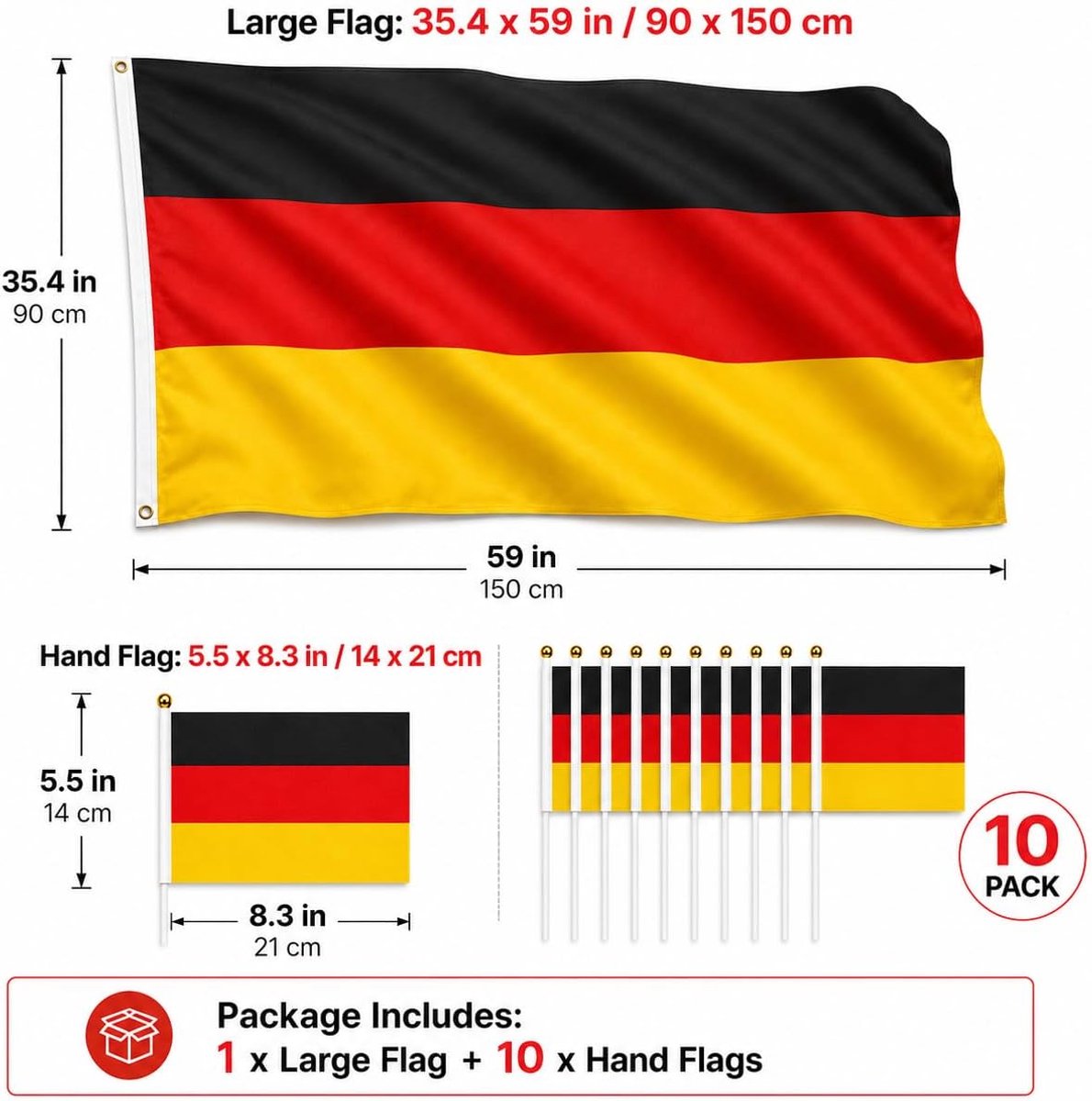 Duitse vlag 90 x 150 cm met 10 Duitse minivlaggen met de hand - weerbestendige vlag met messing ogen, 100% polyester, robuuste dubbele naad en levendige kleuren