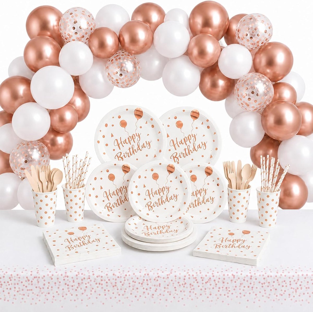 Feestballonnen-servieset (130-delig) in een combinatie van wit en roze, ideaal voor verjaardagsfeestjes. Bestaat uit papieren borden, servetten, bekers en houten bestek, geschikt voor 16 gasten