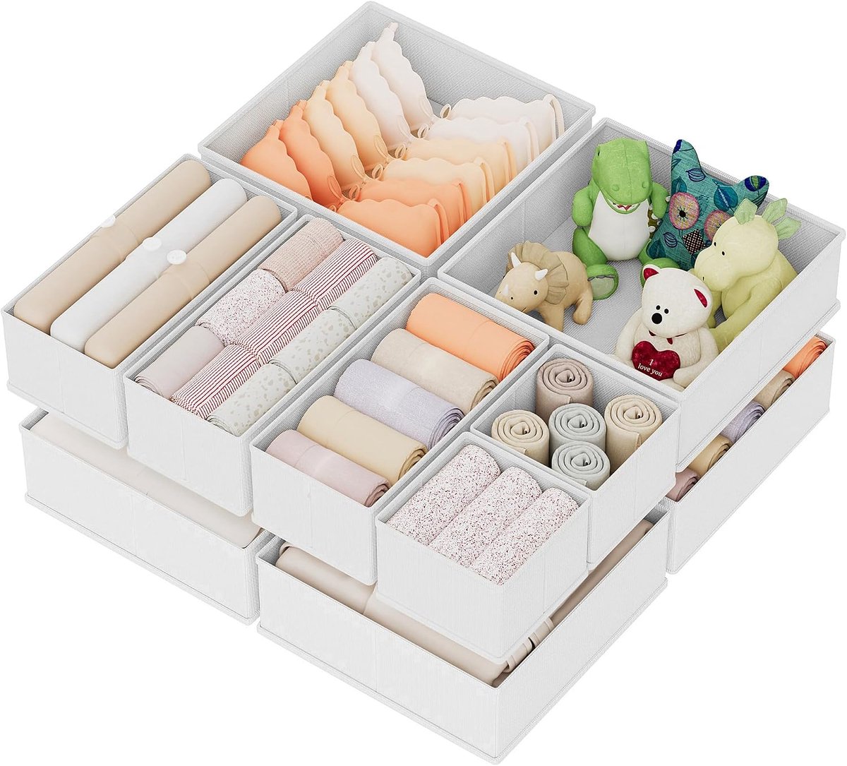 10-delige set Lade Organizer voor Kleding, Ondergoed Lade Organizer Opbergbakken, Opvouwbare Stof Kast Opberg Organizers, Lade Verdelers voor Beha's Ondergoed Sokken Stropdassen, Wit