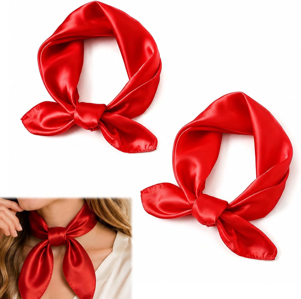 Set van 2 vierkante zijden sjaals, rood, 50 x 50 cm, bandana voor dames, zomer