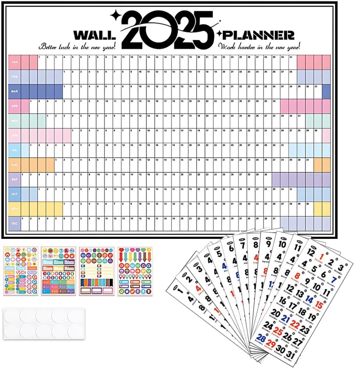 2025, grote jaarplanner 2025, liggend als kalender voor de muur, jaarkalender voor 12 maanden, gevouwen voor op kantoor, met 12 datumstickers voor planning, 74,2 x 52,5 cm