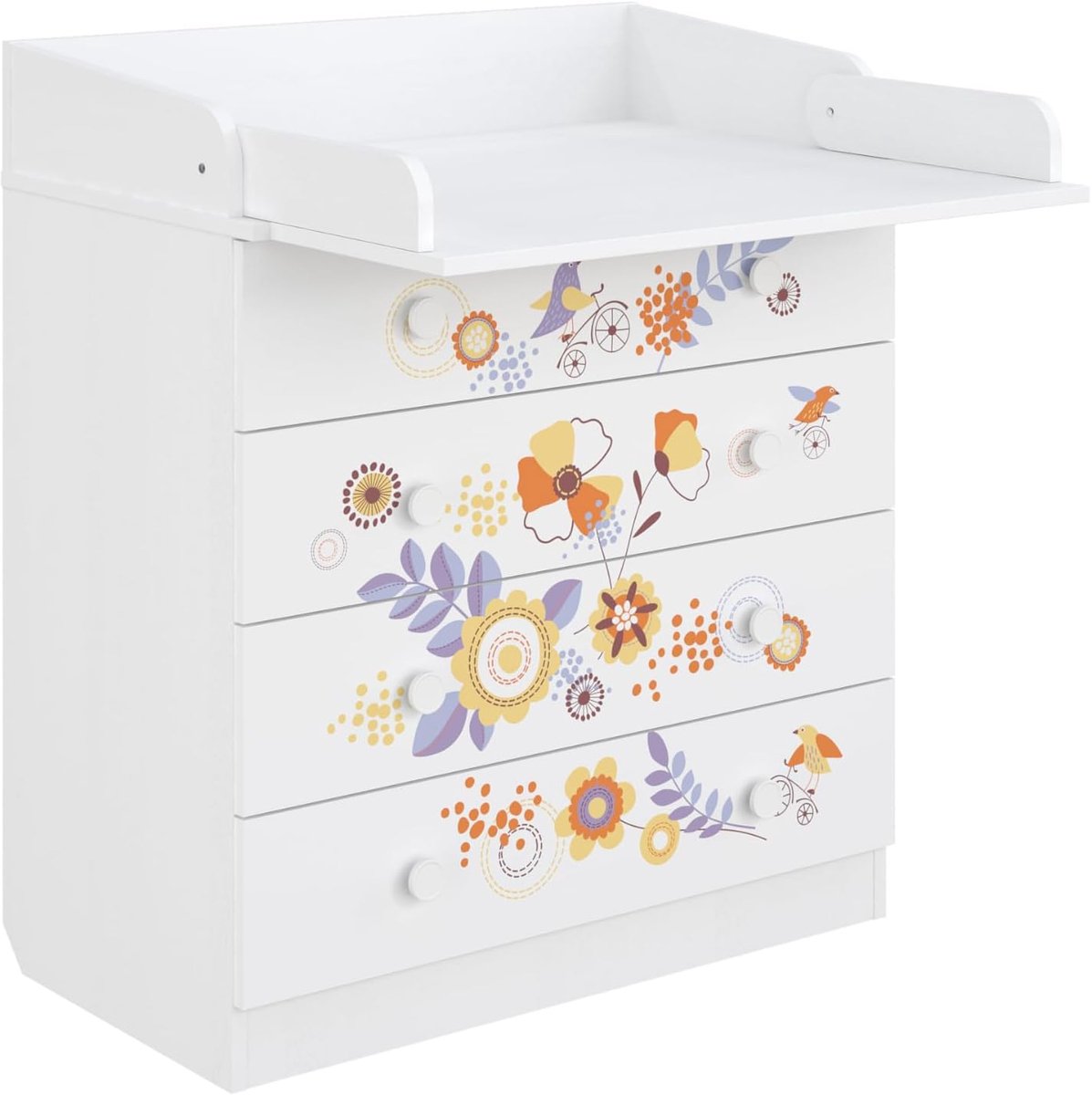 Kids Witte Bike Trip 4-Lades Baby Verschoontafel met Lades – Baby Verschooneenheid & Luierveranderstation, Omkeerbare Verschoontafeleenheid, Kinderkamermeubel