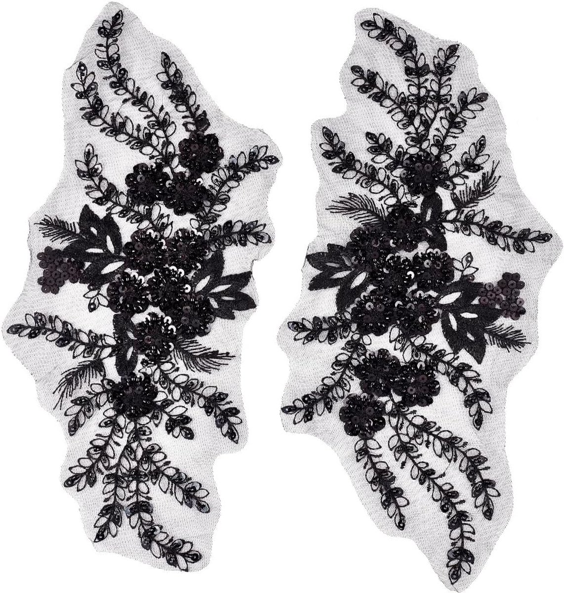 2Pcs 3D Bloemen Pailletten Applique Zwart Kant Kraal Bloem Geborduurde Applicaties Polyester Borduurwerk Naaien Op Tule Patches Voor Naaien Maken Jurken Kleding Craft Bruids Bruiloft Decor
