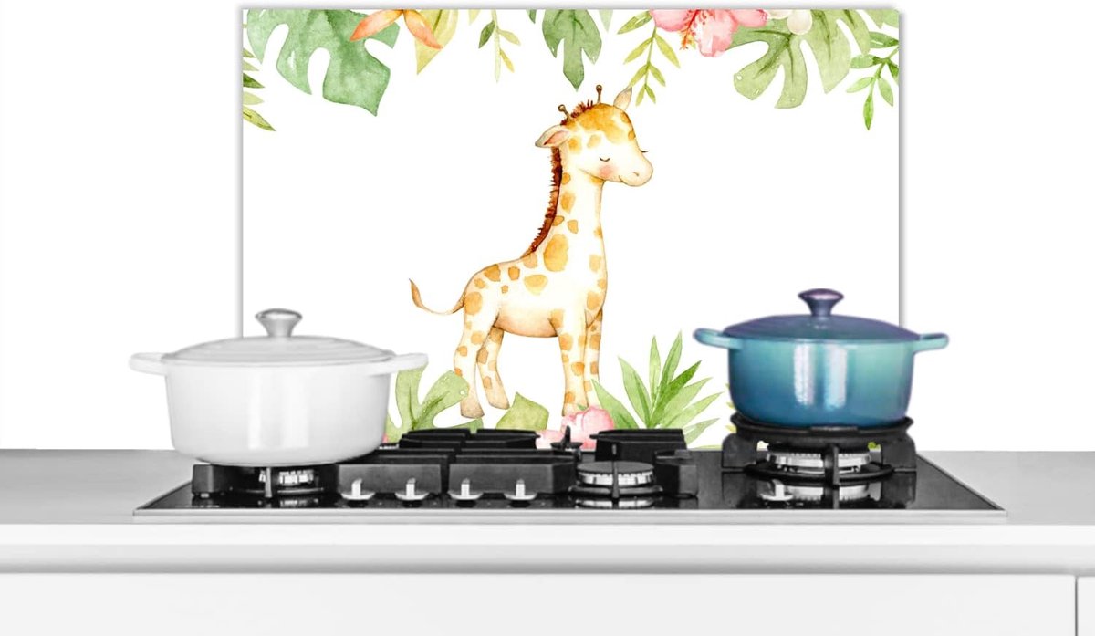 Spatscherm Keuken - 70x50 cm - Giraffe - Jungle - Bloemen - Waterverf
