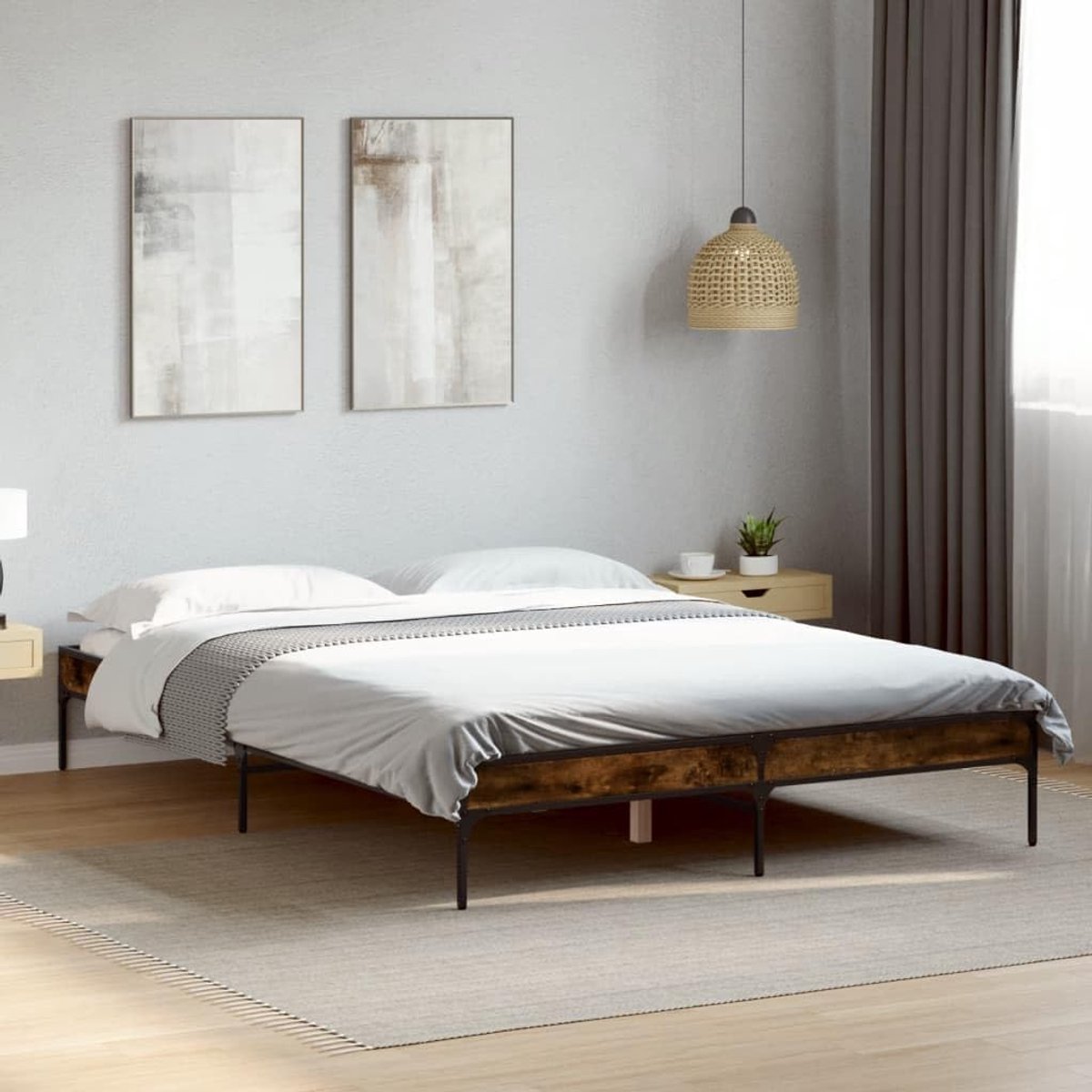 Tweepersoonsbedframe, Bewerkt Hout en Metaal, met Multiplex Latten, Stevige Poten voor Moderne Slaapkamer (120x200cm(30 cm))
