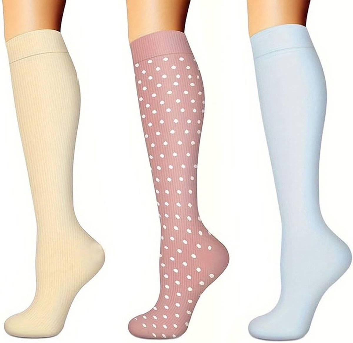 3 paar compressiekousen voor dames en heren, ideaal voor sport, hardlopen, wandelen, fietsen, vliegreizen, blauw, beige, roze, 3 paar