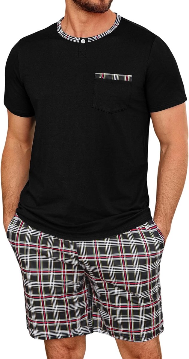 Zomerpyjama voor heren, van katoen, licht, tweedelig, korte mouwen, knopen en geruite shorts, comfortabel en casual voor thuis