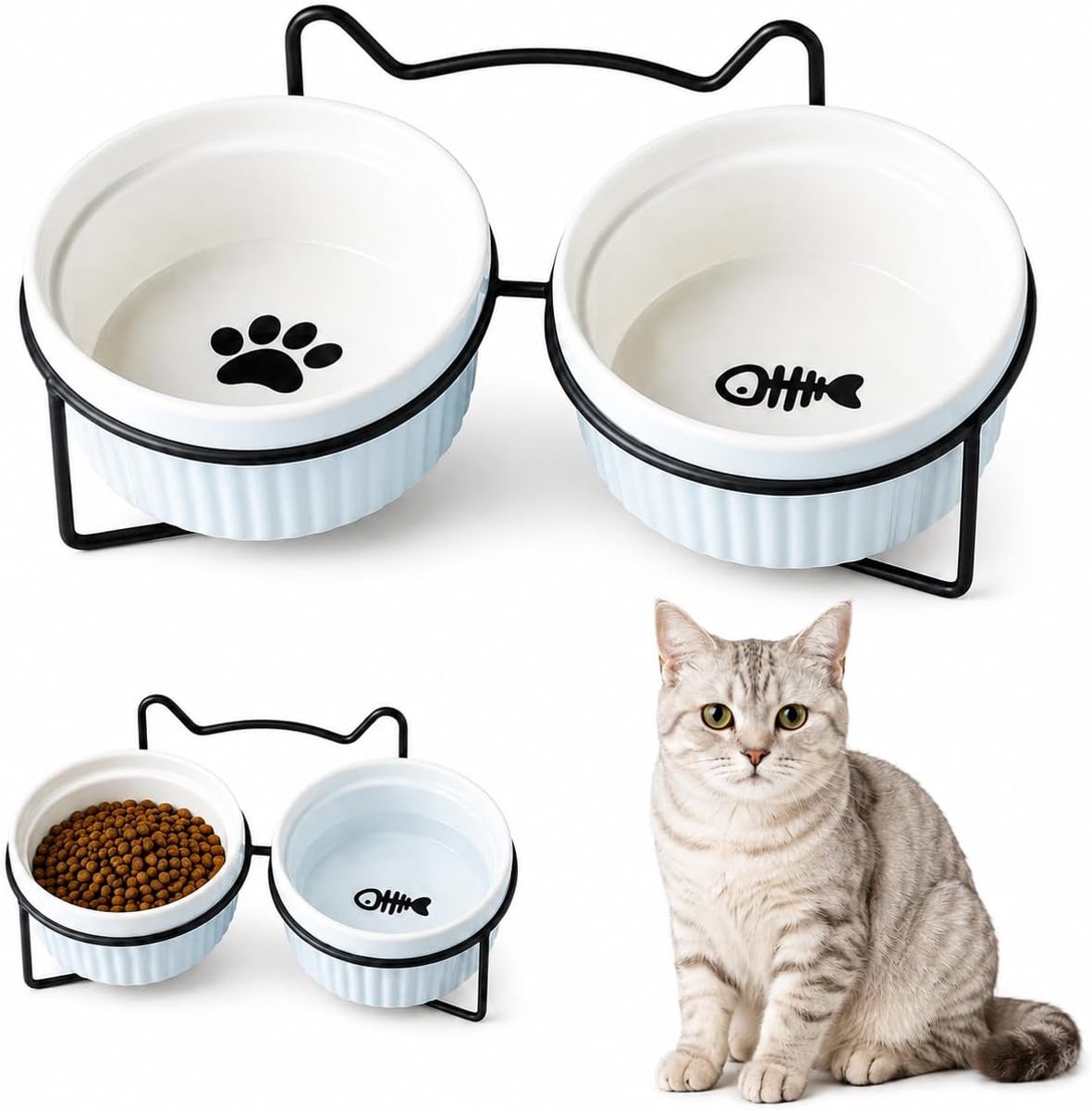Keramische dubbele bak voor katten, 15° gekanteld, blauwe bak met
