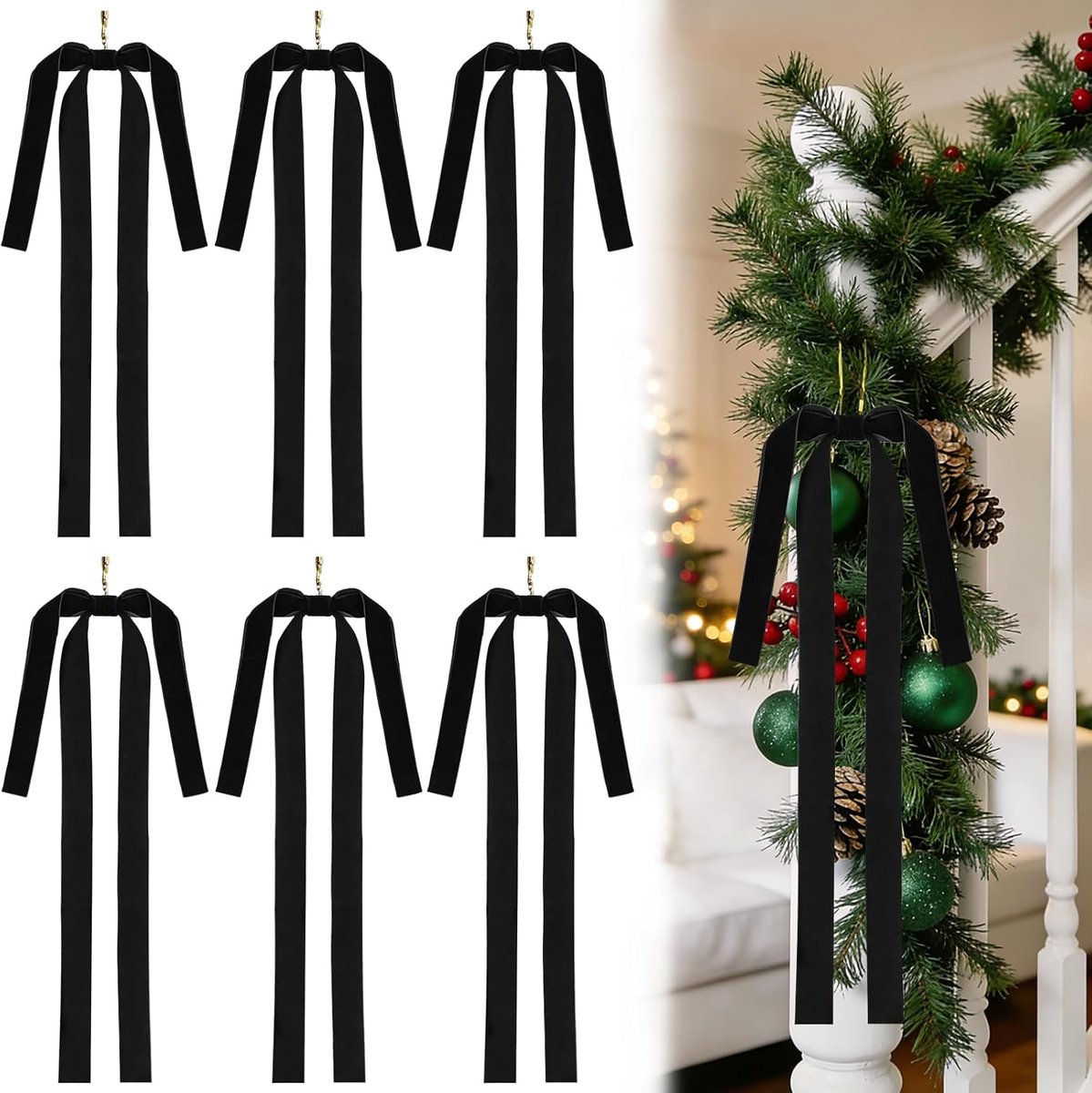 Strikken, 6 stuks, kerststrikken, 60 x 40 cm, grote strikken, deurstrik voor Kerstmis, kerstboomdecoratie, kerstdecoraties voor veranda's, trappen, ramen (zwart)