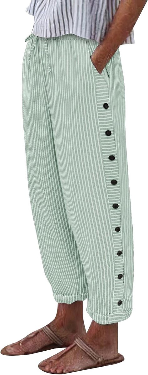 Zomerbroek voor dames met knoop aan de zijkant, elastische tailleband, katoenen broek voor dames, zomer, casual, met zakken en trekkoord, lichte palazzobroek voor op vakantie