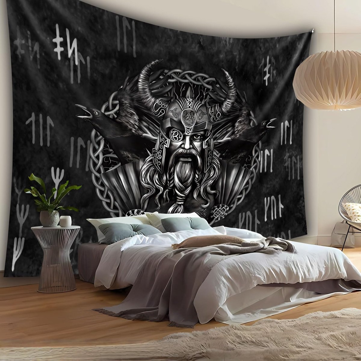 Wandtapijt – Vikingdecoratie met Odin en raven, runen wanddoek, ideaal voor Scandinavische mythologie en Viking-liefhebbers, wandtapijt, 200 x 150 cm, zwart