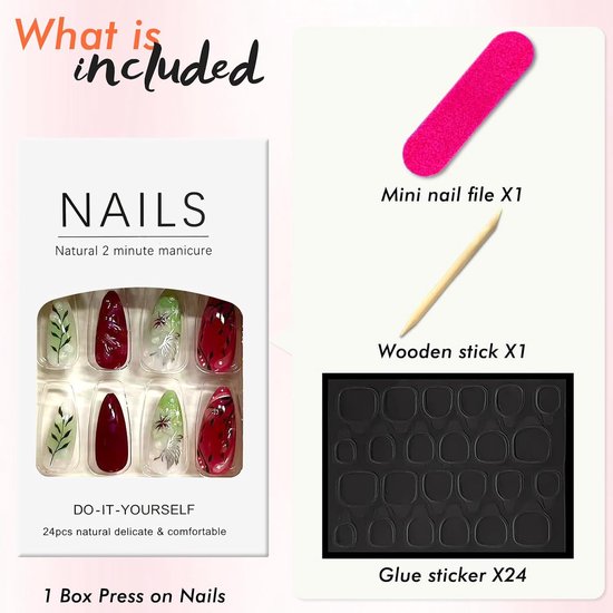 24 stuks press-on nagels, amandelvormig, 3D-bloemen, vingernagels om op te plakken, handgemaakte kunstnagels, acryl, volledige dekking, kunstnagels met nagellijm, Franse kunstnagels voor vrouwen — afbeelding 3