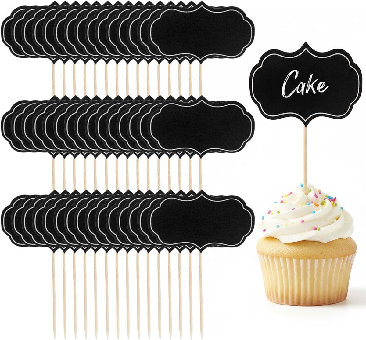 56 stuks voedseletiketten voor buffet, lege etiketten voor buffet, lege etiketten voor kaas, lege vlaggen voor tandenstokers voor cake, cupcake-etiketten voor verjaardagsfeest (zwart)