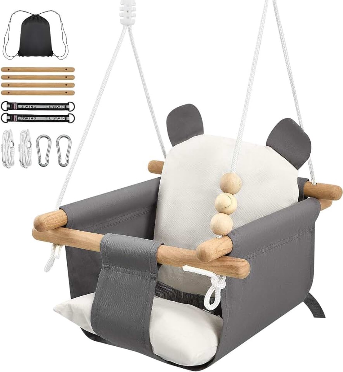 Babyschommel met veiligheidsgordel, veiligheidsgesp, babyschommel in hoogte verstelbaar, voor binnen en buiten, voor deurkozijnen, houten schommel voor baby's en kinderen maanden t