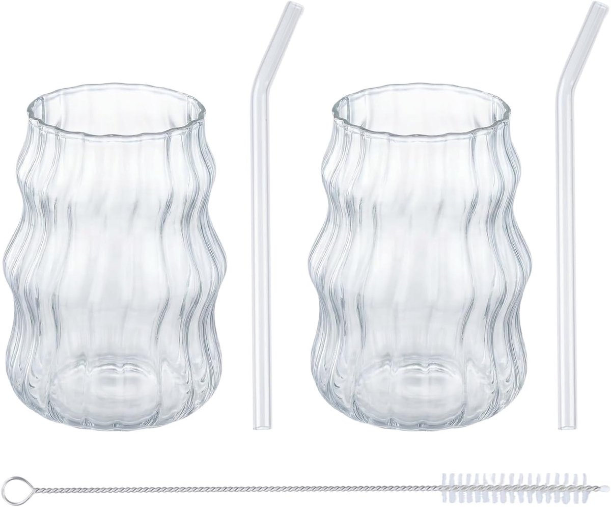 Koffieglazen, 500 ml, geribbelde koffieglazen met rietjes, borosilicaatglas, latte macchiatglas, glas voor melk, sap, bier, vaatwasmachinebestendig