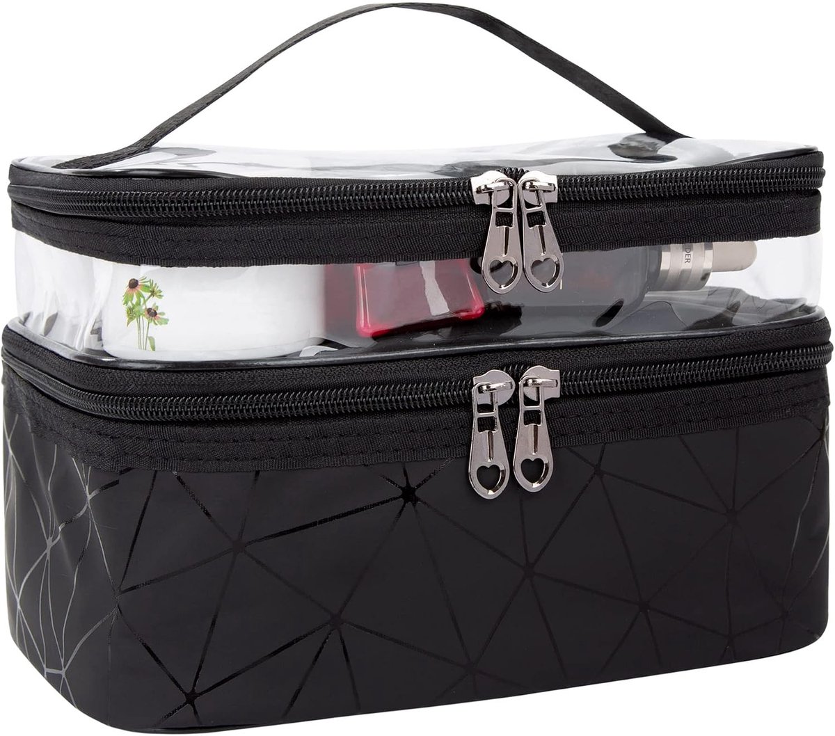 tas, dubbellaagse toilettas, draagbaar, transparant, reizen, make-uptas, grote make-uptas, case, organizer, waterdicht, waszak voor mannen en vrouwen, zwart, 23 x 17 x 16 cm, Stijlvol