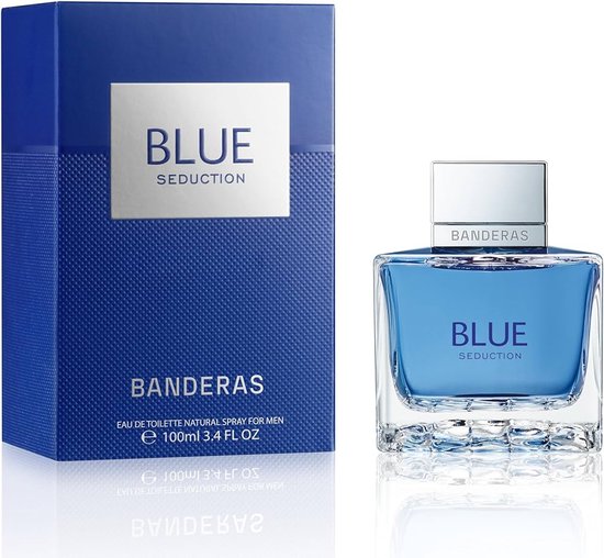 Antonio Banderas Blue Seduction eau de toilette voor mannen, 100ml. Blauwe doos met de tekst "BLUE SEDUCTION". Rechthoekige blauwe glazen flacon met zilveren dop.