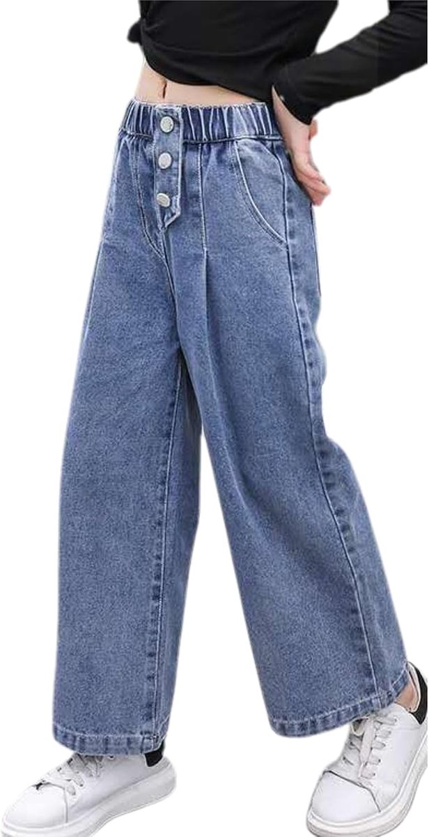 Jeans voor meisjes met losse elastische denim tailleband, blauwe spijkerbroek met modieuze scheuren