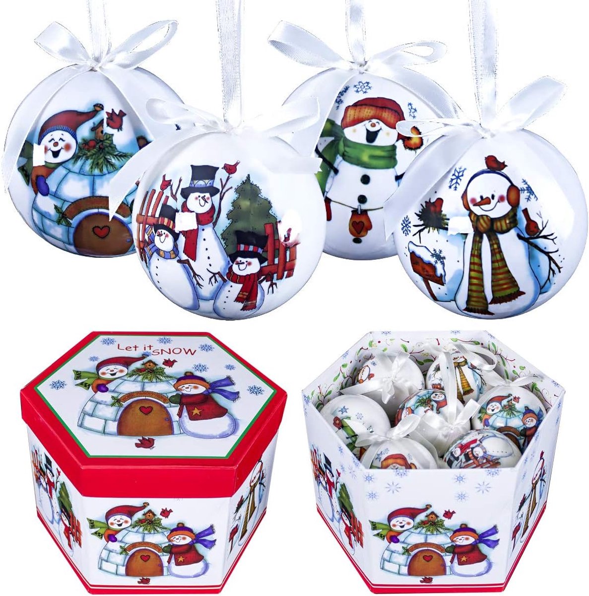 Kerstballen/verschillende feestelijke ontwerpen/geschenkdoosjes kerstboomversieringen, 7,5 cm diameter kerstballen (witte cartoon sneeuwpop)