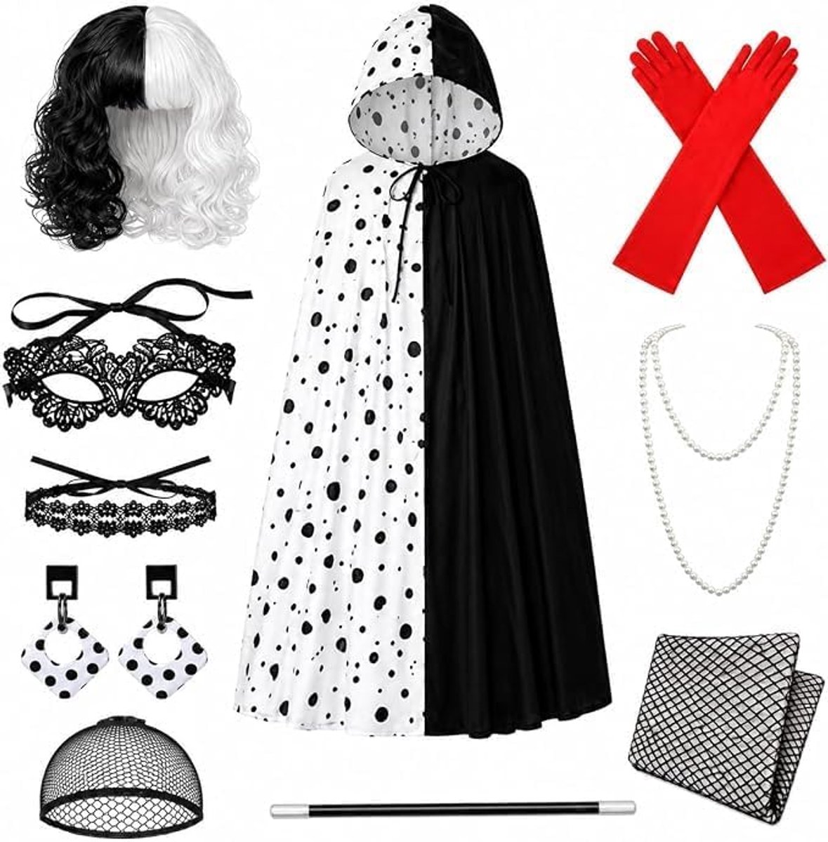 11-delig kostuum dames set Halloween carnaval maskerade voor Cruella Devil