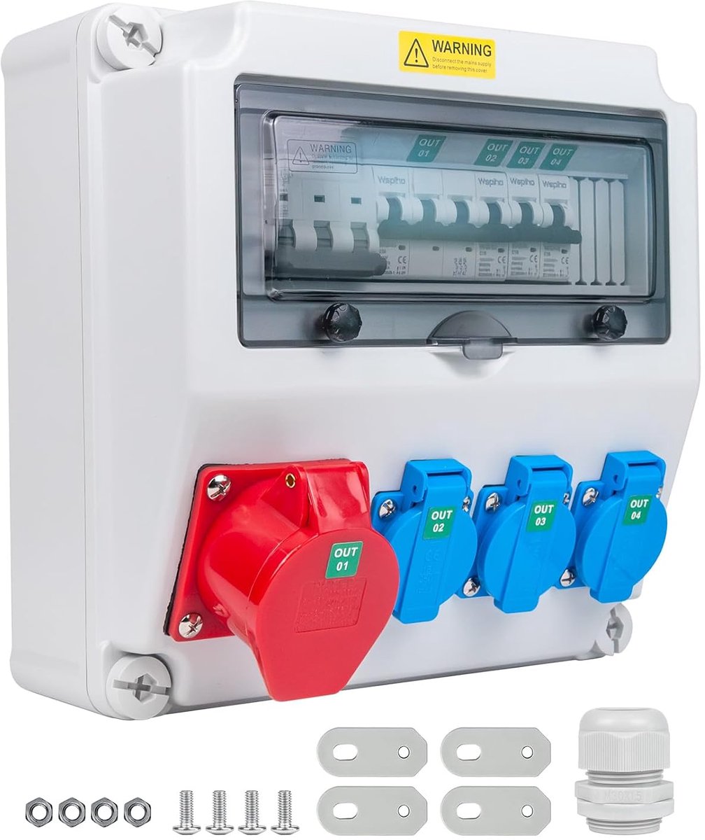 Bouwstroomverdeler met Fi Schakelaar Type A, 40A 30mA RCBO Wandverdeler met CEE-stopcontact 16A Opbouw, Stroomverdeler Waterdicht voor Verdelerkast (3×16A 1P LS+1×16A 3P LS+1×30mA RCBO)